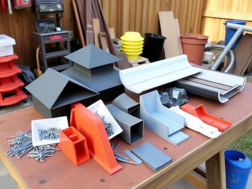 Ridge caps, gutters and roofing nails on a workbench
