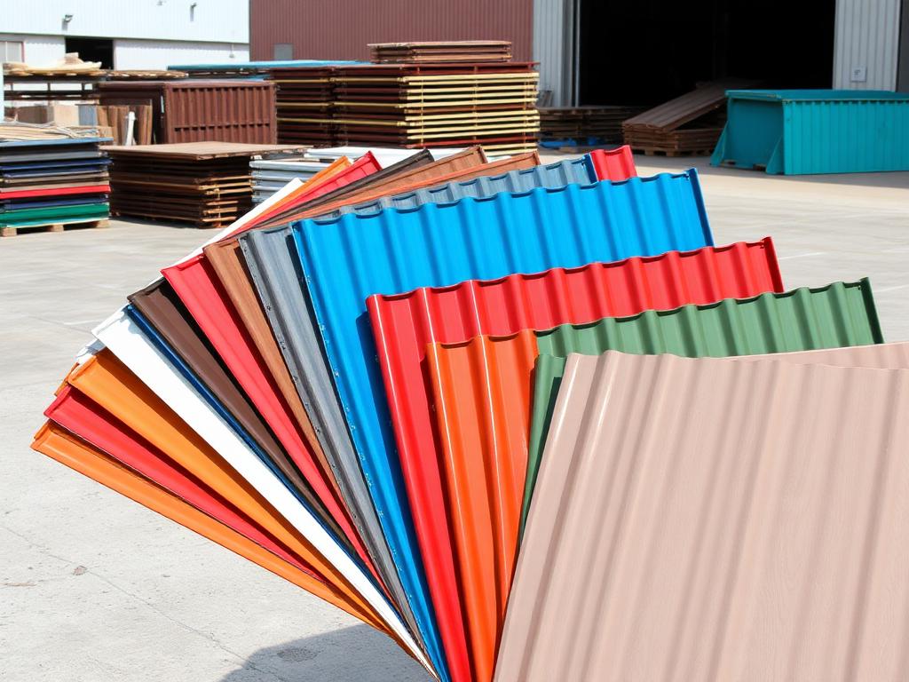 Coloured roofing sheet samples fanned out showing finishes