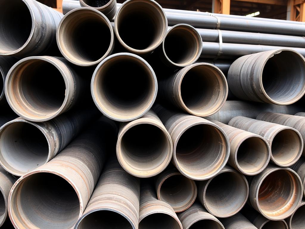 Round steel pipes and tubing stacked showing open ends