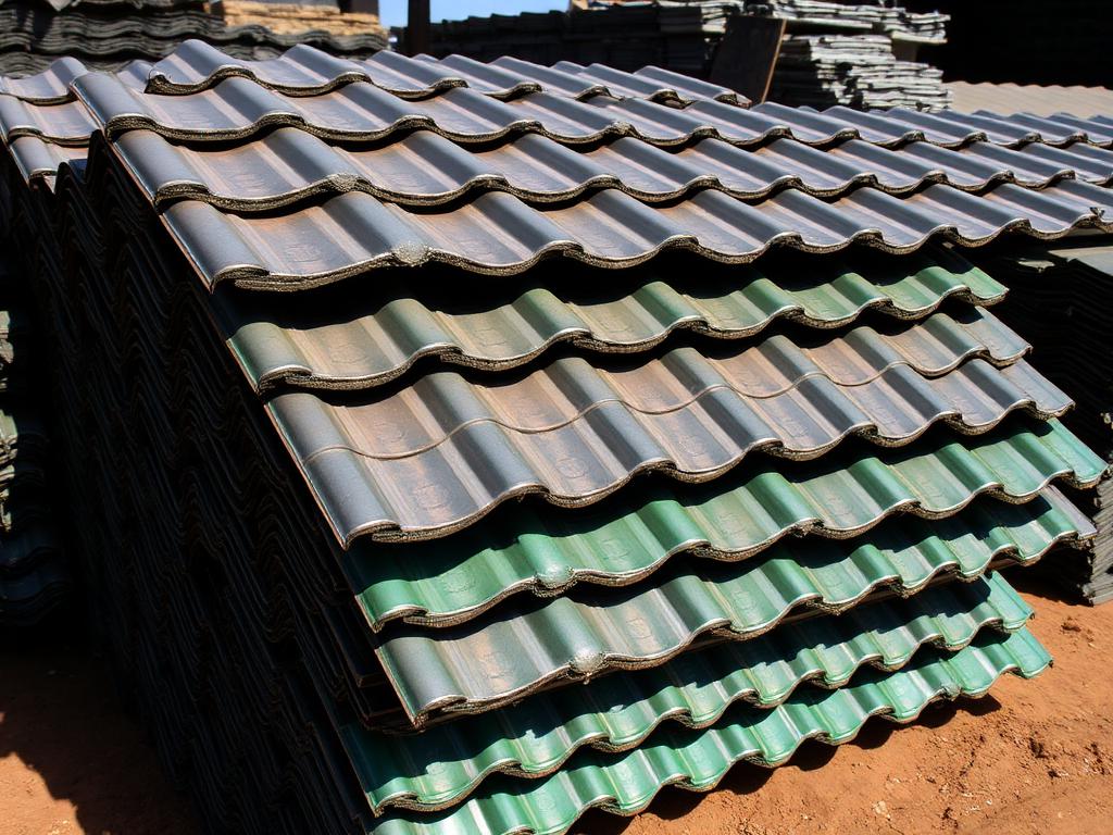 Stacked charcoal and green tile-profile roofing sheets