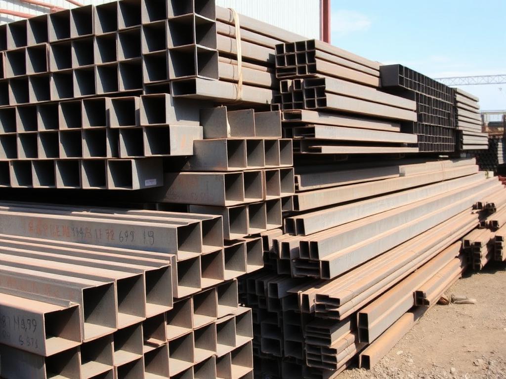 Bundles of square tube, angle iron and purlins in a steel yard