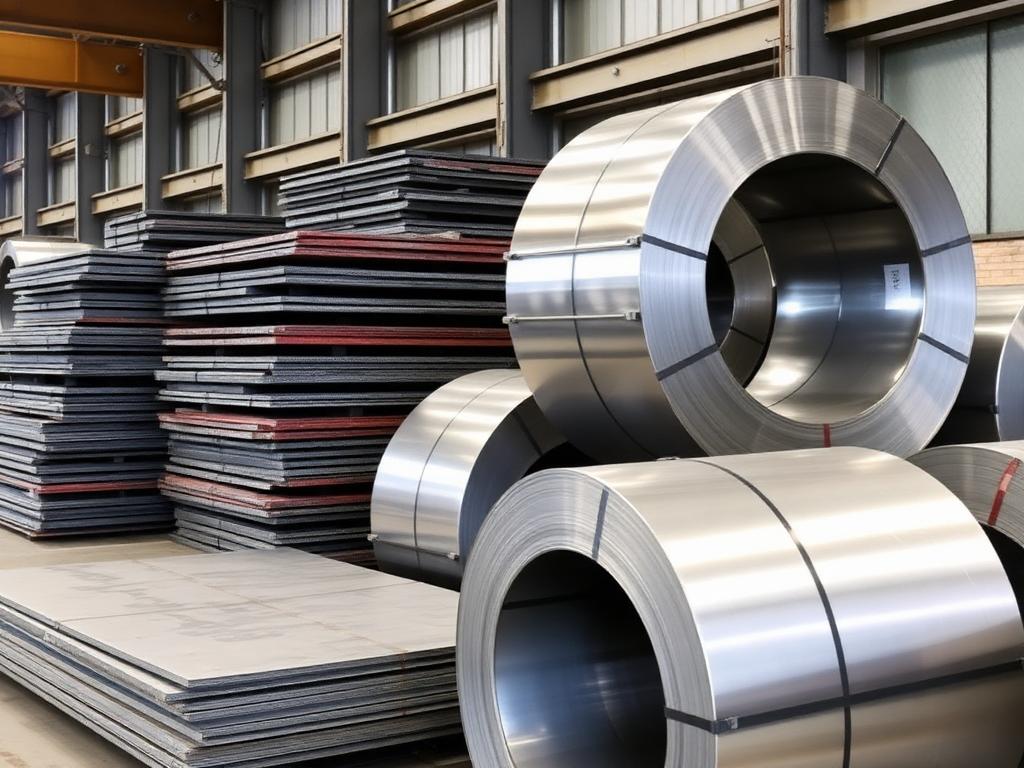 Steel plates and galvanised coils stacked in a warehouse