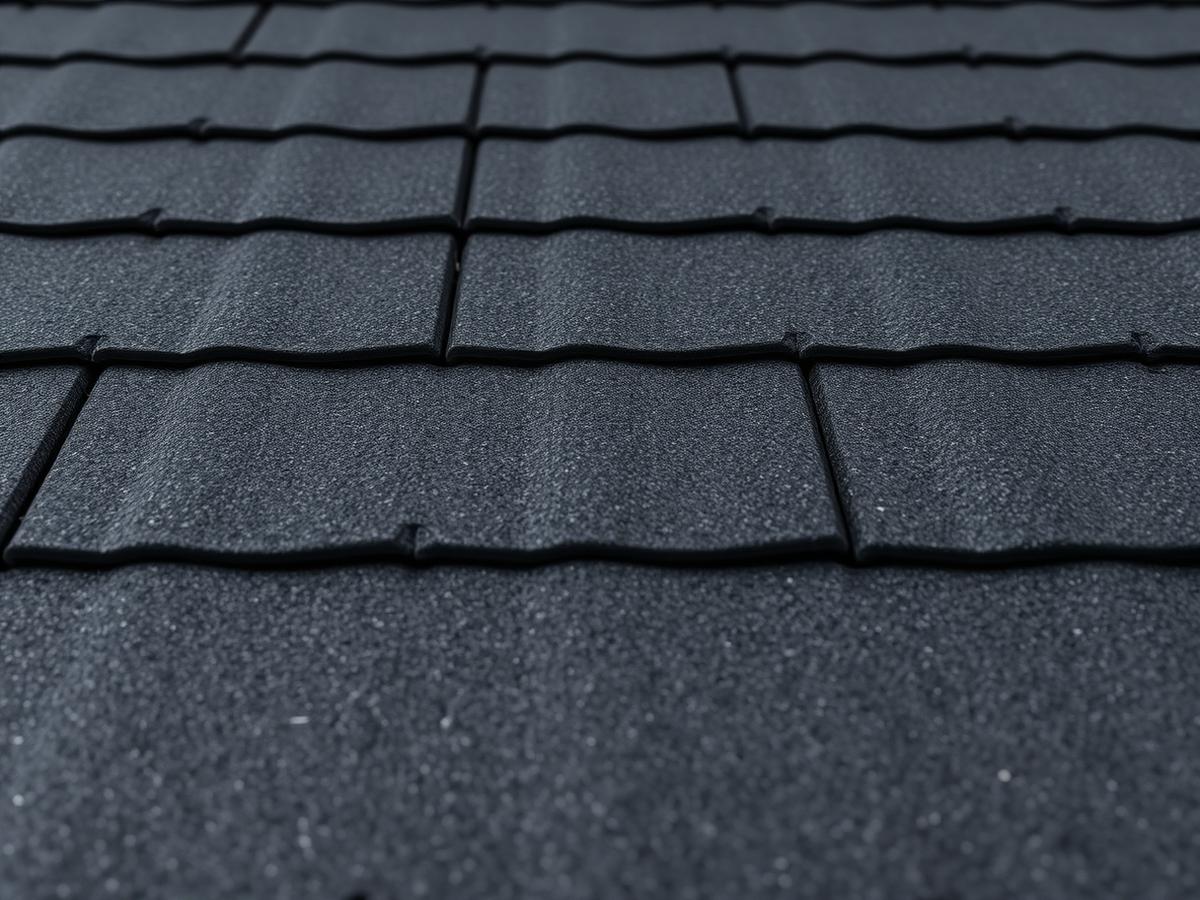 Close-up of charcoal tile-profile roofing sheets