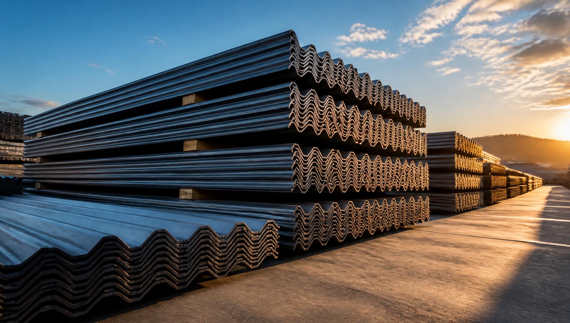 Stacked steel sheets in a yard