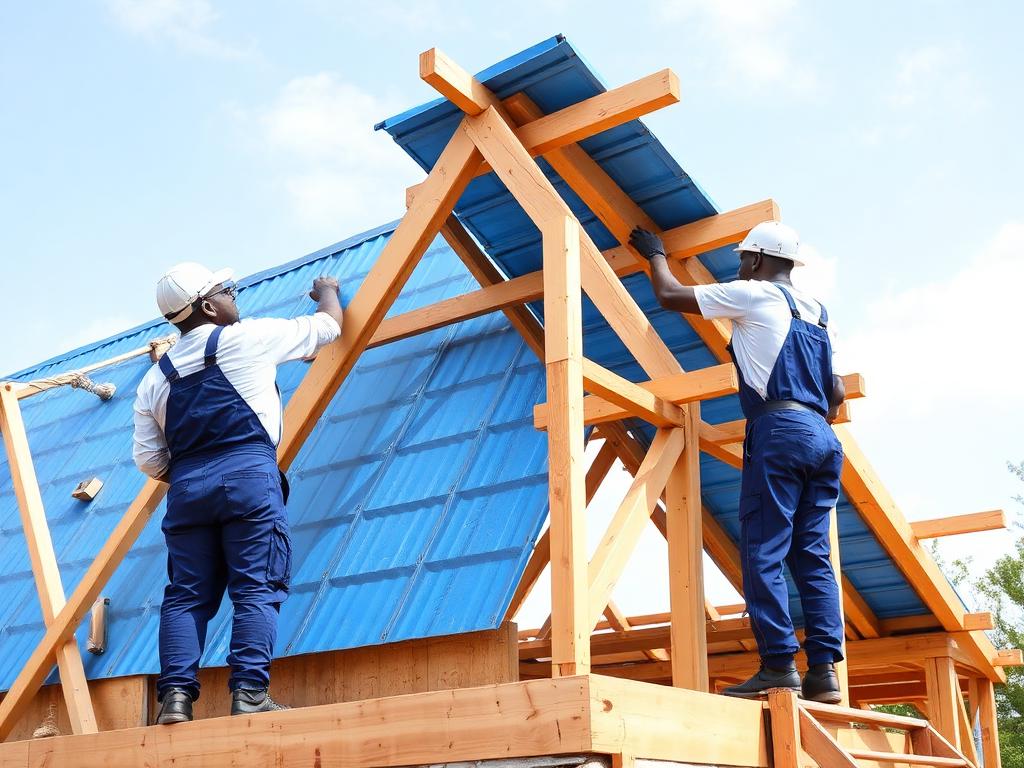 Workers fixing blue box-profile sheets onto timber trusses