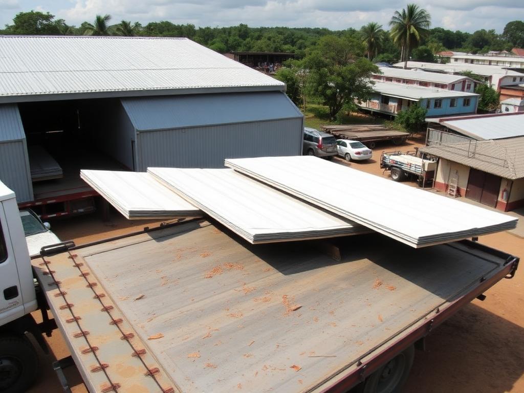 Roofing sheets loaded onto a flatbed delivery lorry