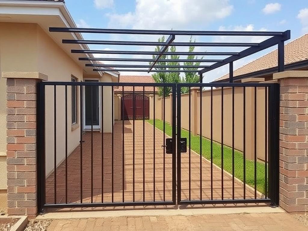 Fabricated steel gate and carport frame at a home