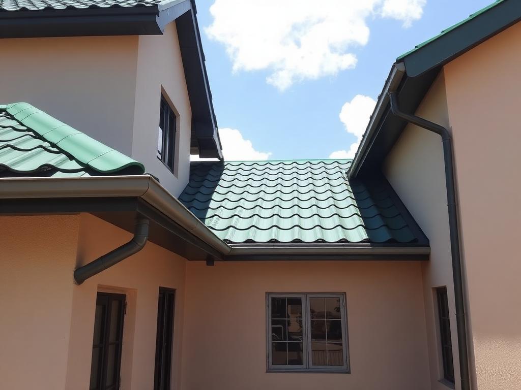 Two-storey home with a green tile-profile roof and gutters